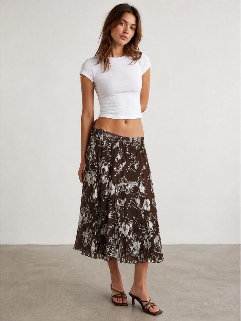 Vintage Chicos Cotton Midi Skirt Size 2 Low Rise pop Floral Whimsy Cottage Earth